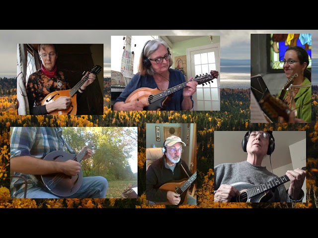 A collage of players performing Epilogue superimposed on aeriel image of autumn trees.