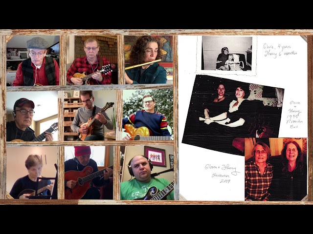 A collage of players performing Valse Variable next to a bulletin board with three picture-book candids of Sherry and her sister Gloria.